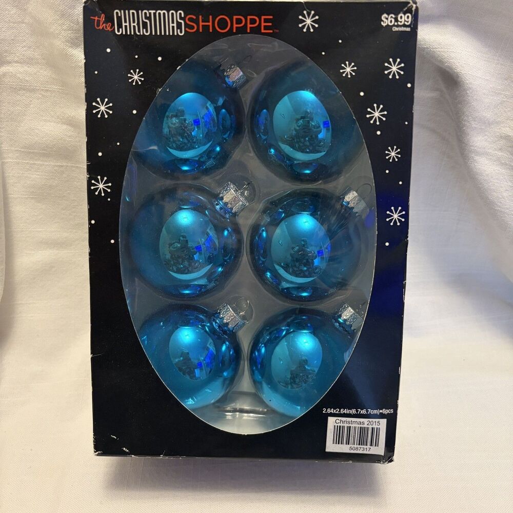 The Christmas Shoppe 6 Turquoise & Silver Ornaments Glass Balls 2.5"